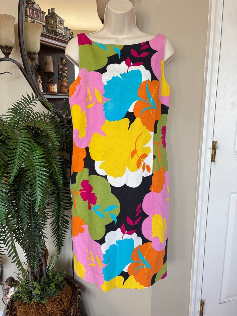 Vintage David Meister Bright Colorful Floral Shift Sheath Dress Sleeveless Lined